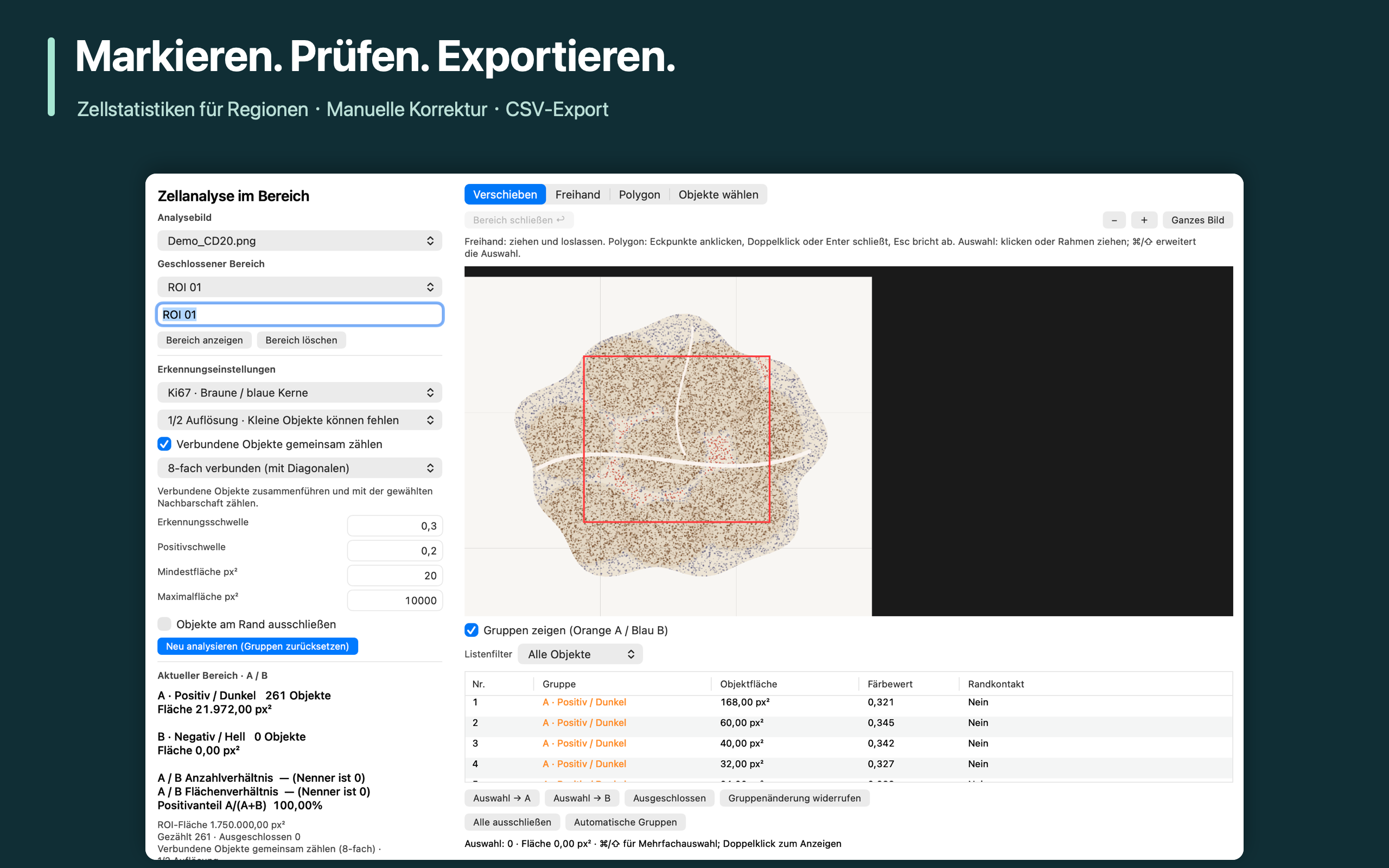 Markieren. Prüfen. Exportieren.